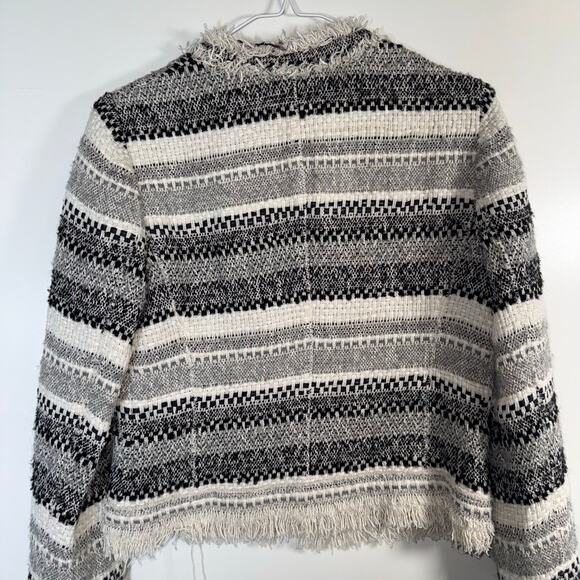 Rebecca Taylor Size 6 Fringe Tweed Jacket Black Gray White Bouclé Blazer cotton - Picture 8 of 13